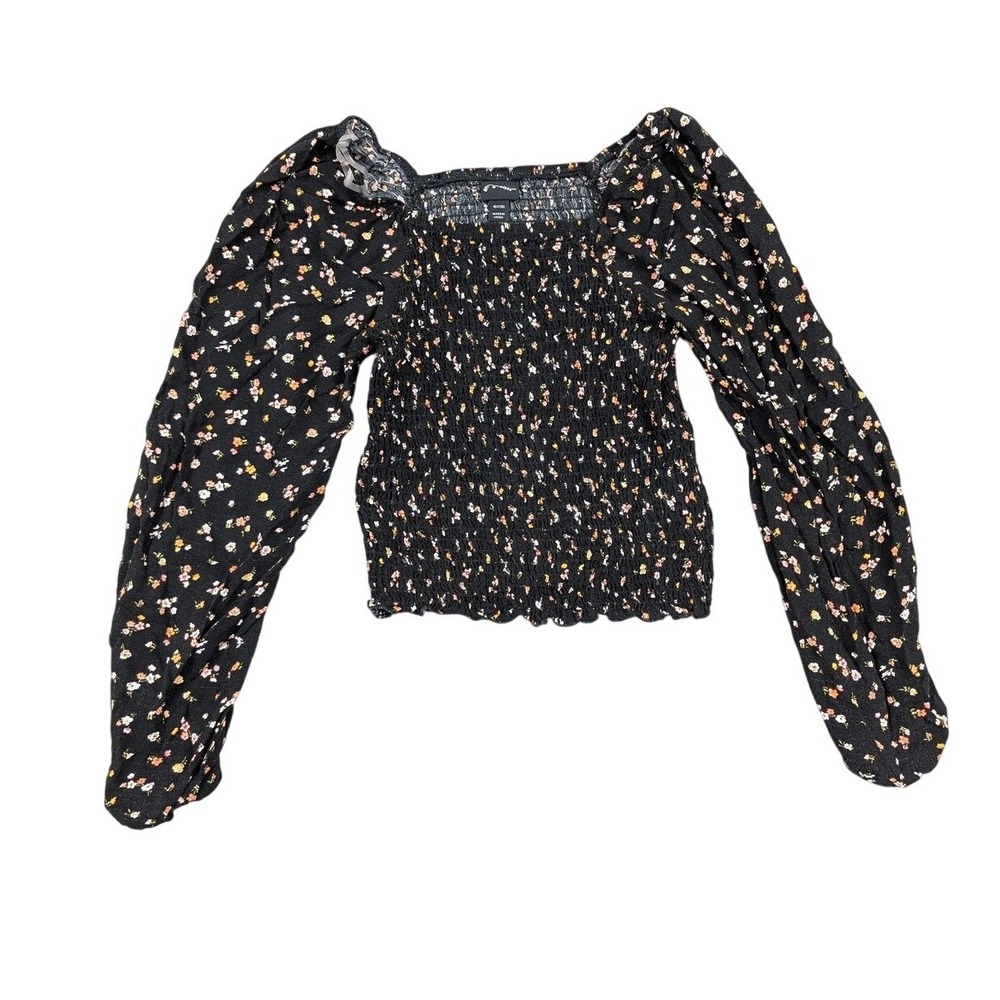 Art Class Girls Black Floral Smocked Puff Sleeve Top Square Neck Size M 7/8